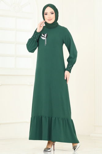 moda selvim Taş Detaylı Şık Elbise 3077HBS856 Zümrüt - Thumbnail
