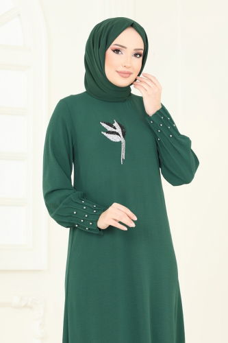 moda selvim Taş Detaylı Şık Elbise 3077HBS856 Zümrüt - Thumbnail