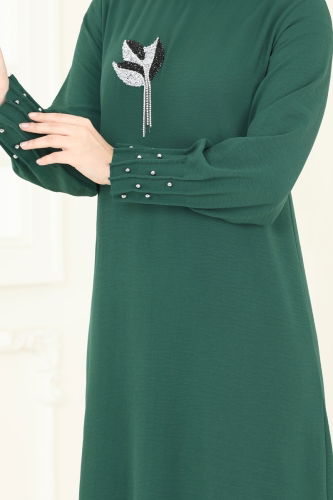 moda selvim Taş Detaylı Şık Elbise 3077HBS856 Zümrüt - Thumbnail