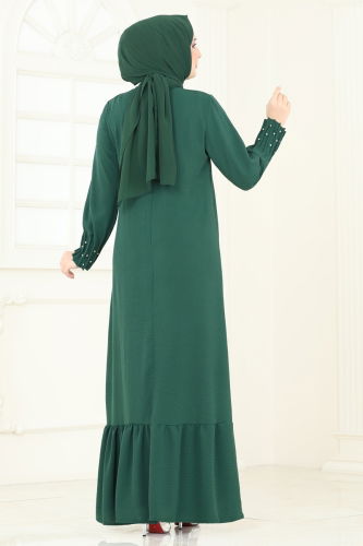 moda selvim Taş Detaylı Şık Elbise 3077HBS856 Zümrüt - Thumbnail