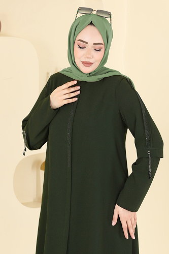 moda selvim Taş Detaylı Şık Ferace 0502ORG1169 Açık Haki - Thumbnail