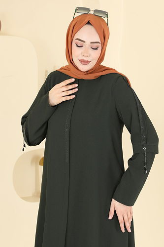 moda selvim Taş Detaylı Şık Ferace 0502ORG1169 Haki - Thumbnail