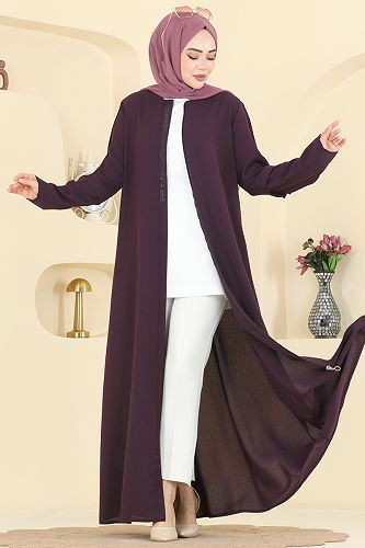 moda selvim Taş Detaylı Şık Ferace 0502ORG1169 Mürdüm - Thumbnail