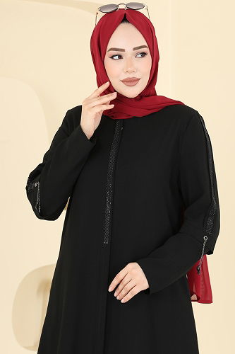 moda selvim Taş Detaylı Şık Ferace 0502ORG1169 Siyah - Thumbnail