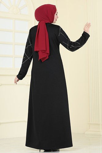 moda selvim Taş Detaylı Şık Pardesü Ferace 2263EDM718 Siyah - Thumbnail