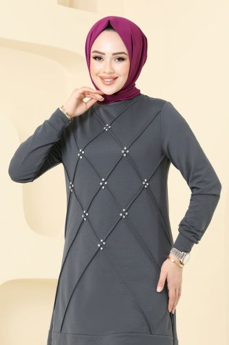 moda selvim Taş Detaylı Şık Takım 2578SL432 Antrasit - Thumbnail