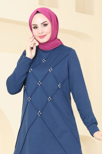 moda selvim Taş Detaylı Şık Takım 2578SL432 İndigo - Thumbnail