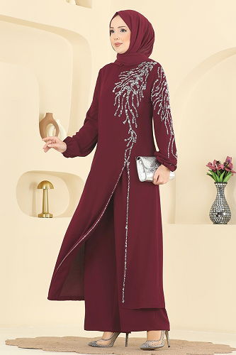 moda selvim Taş Detaylı Şık Takım 5957AB368 Açık Bordo - Thumbnail
