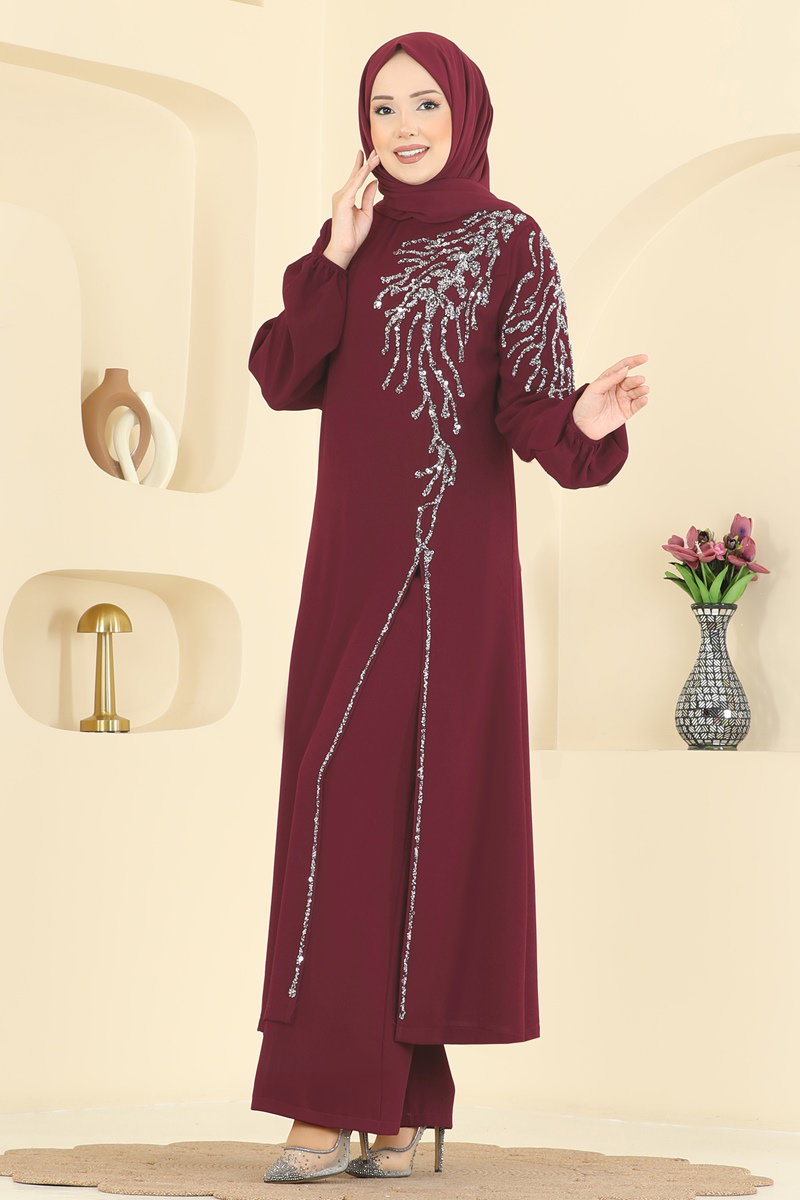 Taş Detaylı Şık Takım 5957AB368 Açık Bordo