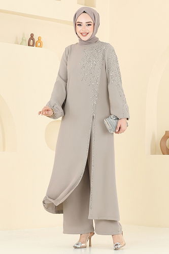 moda selvim Taş Detaylı Şık Takım 5957AB368 Bej - Thumbnail