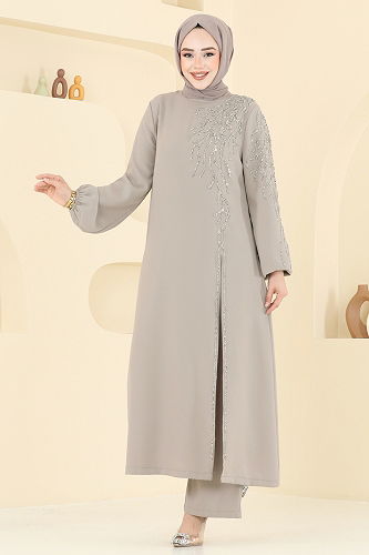 moda selvim Taş Detaylı Şık Takım 5957AB368 Bej - Thumbnail