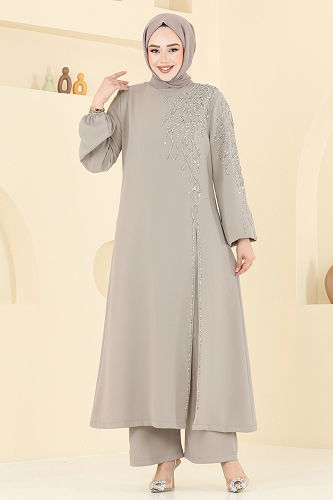 moda selvim Taş Detaylı Şık Takım 5957AB368 Bej - Thumbnail