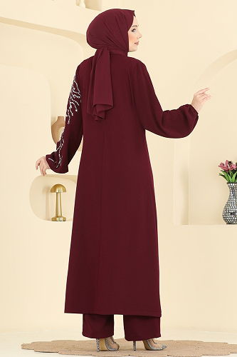 moda selvim Taş Detaylı Şık Takım 5957AB368 Bordo - Thumbnail