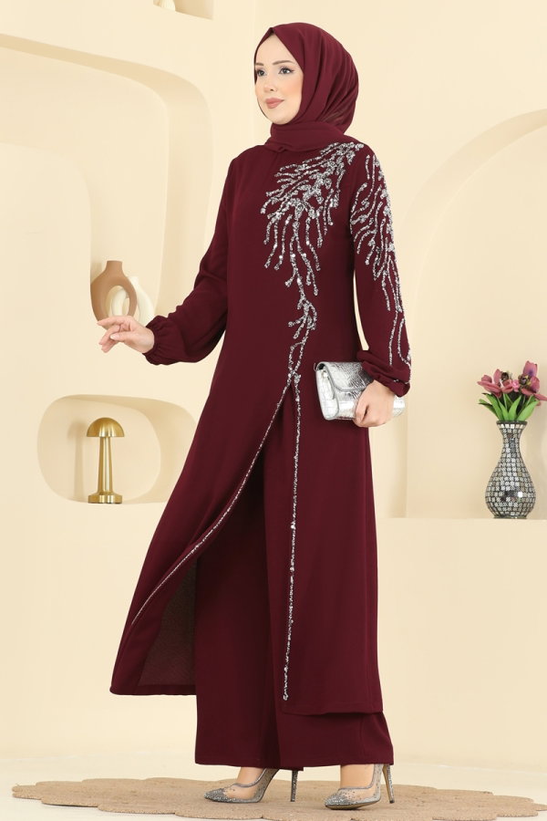 Modaselvim Kombin Taş Detaylı Şık Takım 5957AB368 Bordo