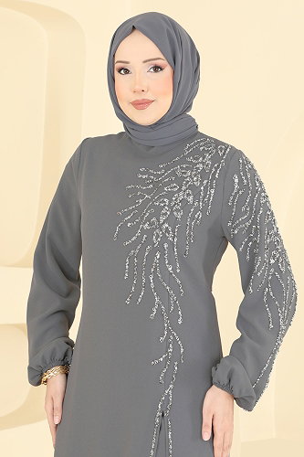 moda selvim Taş Detaylı Şık Takım 5957AB368 Gri - Thumbnail