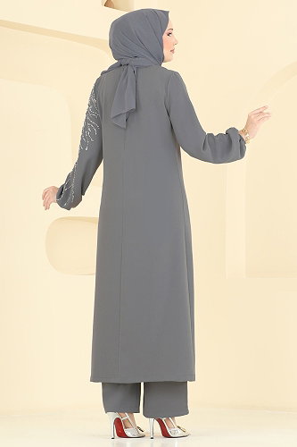 moda selvim Taş Detaylı Şık Takım 5957AB368 Gri - Thumbnail