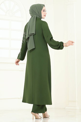 moda selvim Taş Detaylı Şık Takım 5957AB368 Haki - Thumbnail