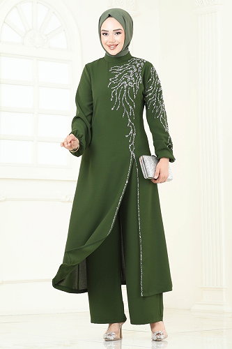 moda selvim Taş Detaylı Şık Takım 5957AB368 Haki - Thumbnail