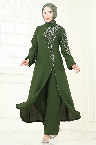 moda selvim Taş Detaylı Şık Takım 5957AB368 Haki - Thumbnail