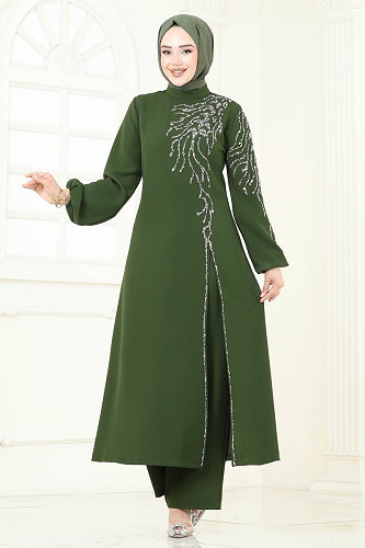 moda selvim Taş Detaylı Şık Takım 5957AB368 Haki - Thumbnail