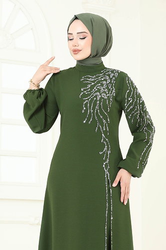 moda selvim Taş Detaylı Şık Takım 5957AB368 Haki - Thumbnail