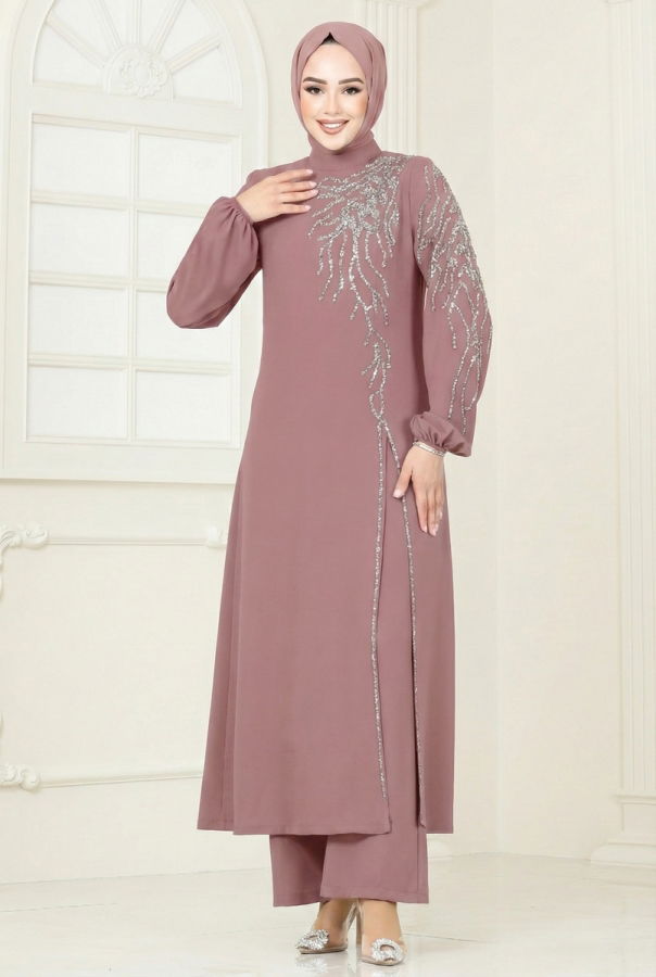 Modaselvim Kombin Taş Detaylı Şık Takım 5957AB368 Koyu Pudra Vizyon