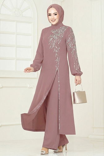moda selvim Taş Detaylı Şık Takım 5957AB368 Koyu Pudra Vizyon - Thumbnail