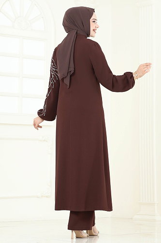 moda selvim Taş Detaylı Şık Takım 5957AB368 Taba - Thumbnail