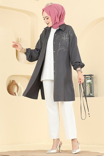 moda selvim Taş Detaylı Şık Tunik 2924SLK540 Antrasit - Thumbnail
