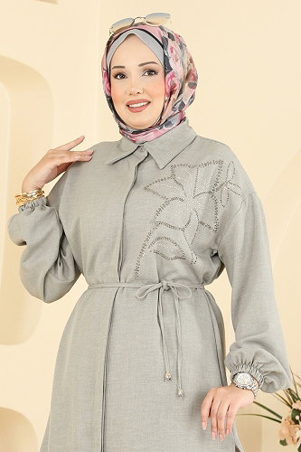 moda selvim Taş Detaylı Şık Tunik 2924SLK540 Gri - Thumbnail