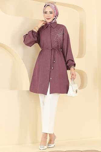 moda selvim Taş Detaylı Şık Tunik 2924SLK540 Koyu Lila - Thumbnail