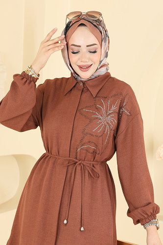 moda selvim Taş Detaylı Şık Tunik 2924SLK540 Taba - Thumbnail