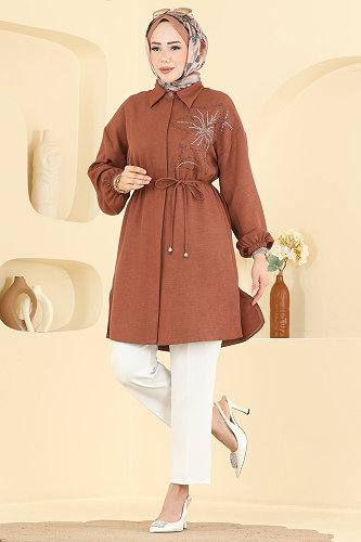 moda selvim Taş Detaylı Şık Tunik 2924SLK540 Taba - Thumbnail