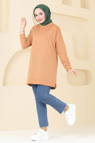 moda selvim Taş Detaylı Şık Tunik 5029UZ662 Latte - Thumbnail