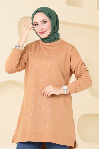 moda selvim Taş Detaylı Şık Tunik 5029UZ662 Latte - Thumbnail