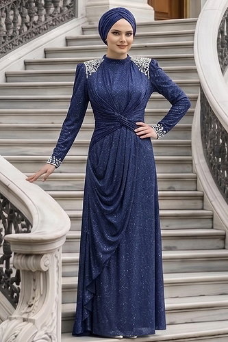 moda selvim Taş Detaylı Simli Abiye 119DMNK1166 Laci - Thumbnail