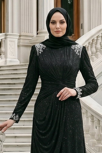 moda selvim Taş Detaylı Simli Abiye 119DMNK1166 Siyah - Thumbnail