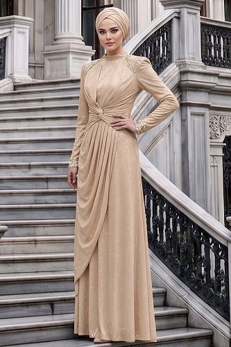 moda selvim Taş Detaylı Simli Abiye 119DMNK1166 Taş - Thumbnail