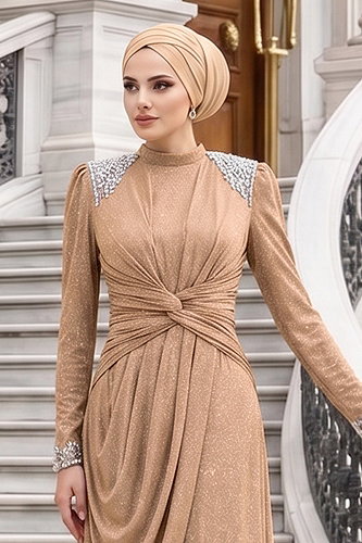 moda selvim Taş Detaylı Simli Abiye 119DMNK1166 Vizyon - Thumbnail