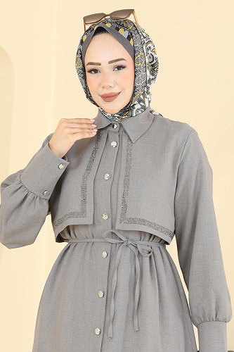 moda selvim Taş Detaylı Sofia Takım 24052UKB139 Gri - Thumbnail