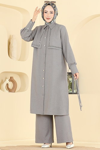 moda selvim Taş Detaylı Sofia Takım 24052UKB139 Gri - Thumbnail