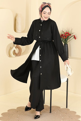 moda selvim Taş Detaylı Sofia Takım 24052UKB139 Siyah - Thumbnail