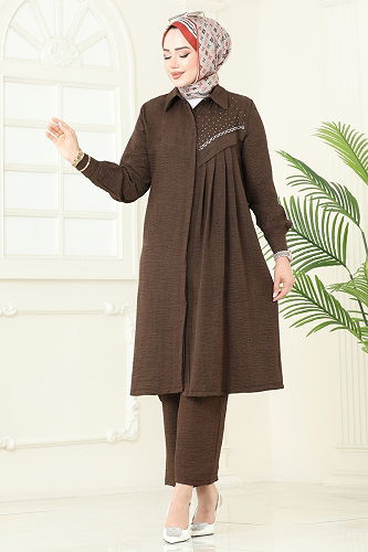 moda selvim Taş Detaylı Sofia Takım 3128HBS856 Kahve - Thumbnail