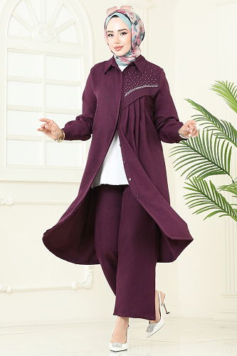 moda selvim Taş Detaylı Sofia Takım 3128HBS856 Mürdüm - Thumbnail