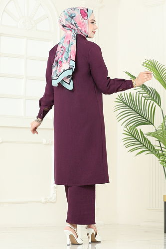 moda selvim Taş Detaylı Sofia Takım 3128HBS856 Mürdüm - Thumbnail