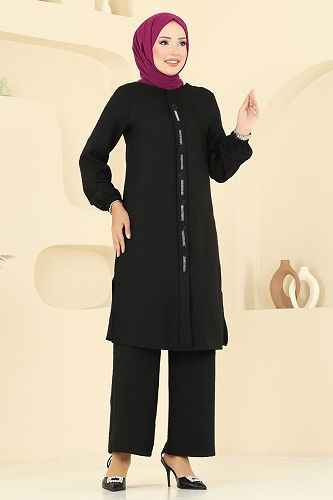 moda selvim Taş Detaylı Sofia Takım 445DVL817 Siyah - Thumbnail