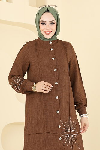 moda selvim Taş Detaylı Sofia Takım 447DVL817 Kahve - Thumbnail