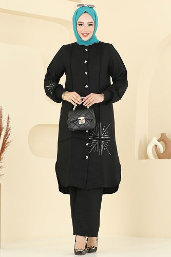 moda selvim Taş Detaylı Sofia Takım 447DVL817 Siyah - Thumbnail