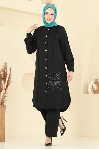 moda selvim Taş Detaylı Sofia Takım 447DVL817 Siyah - Thumbnail