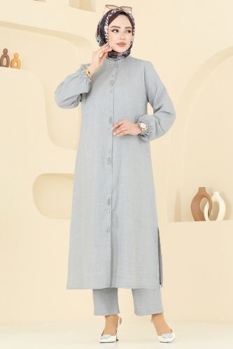 moda selvim Taş Detaylı Takım 3066HBS856 Açık Gri - Thumbnail